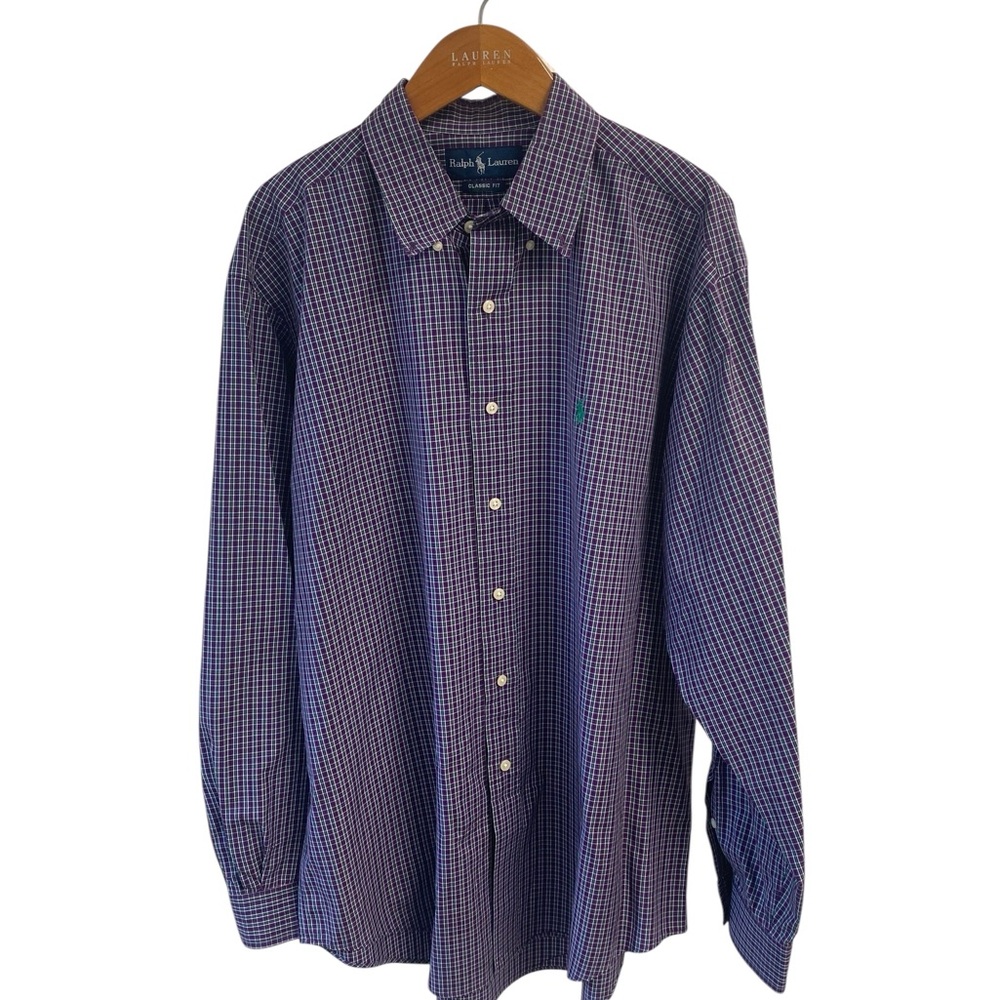 Ralph Lauren Purple Green Casual Button Down Shirt with Stripes Preppy Career L‎
